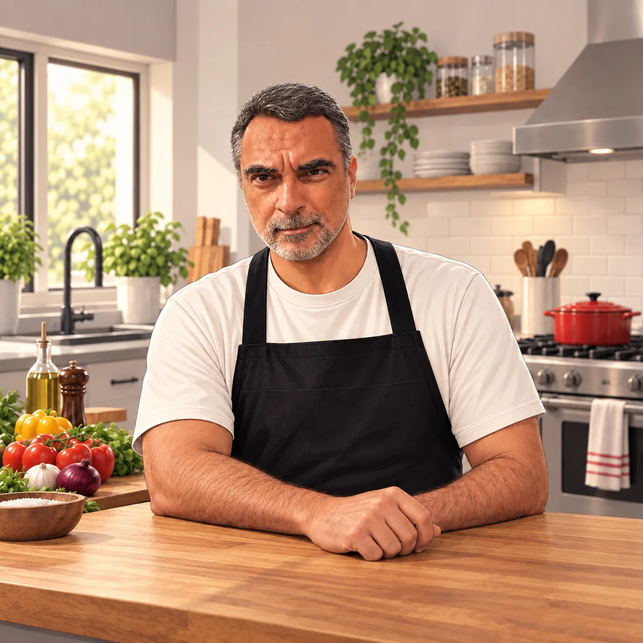 Mr. Xavier, de avental preto em sua cozinha