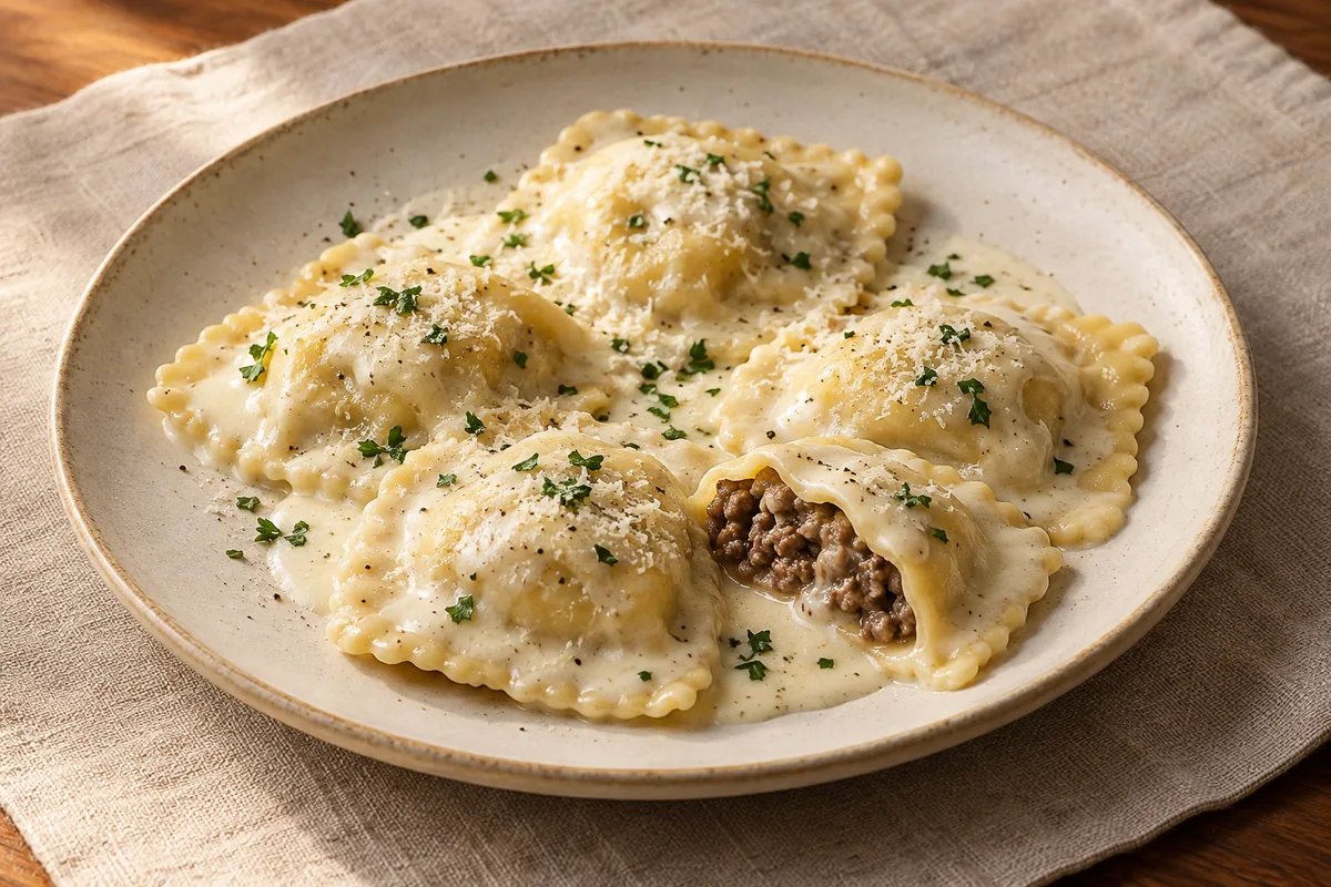 Ravioli de carne moída com molho bechamel